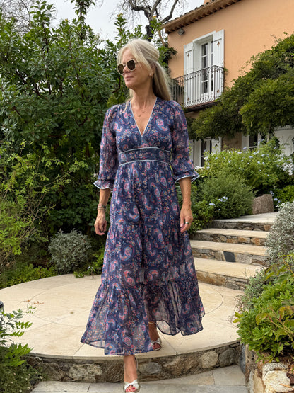 Eliza Chiffon Dress - Blue Paisley