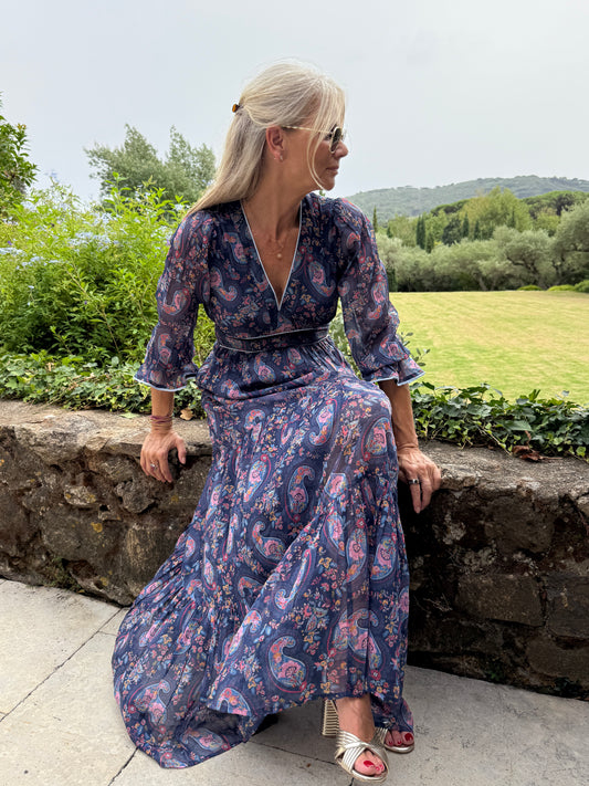 Eliza Chiffon Dress - Blue Paisley