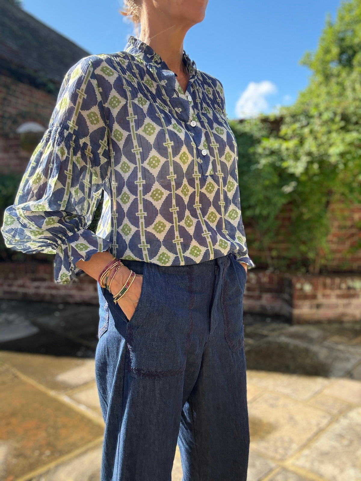 Amy Blouse - Blue & Green Ikat