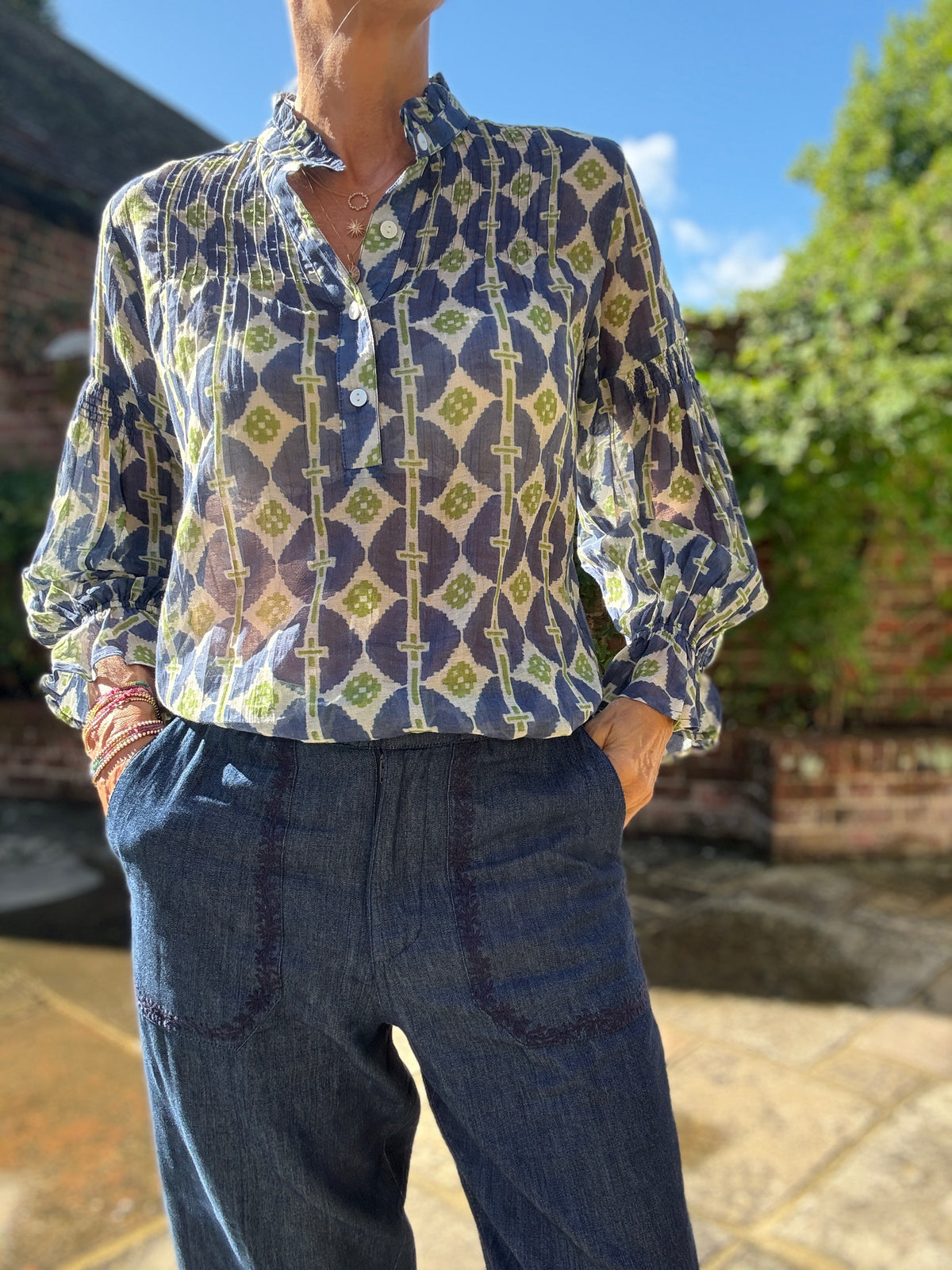 Amy Blouse - Blue & Green Ikat