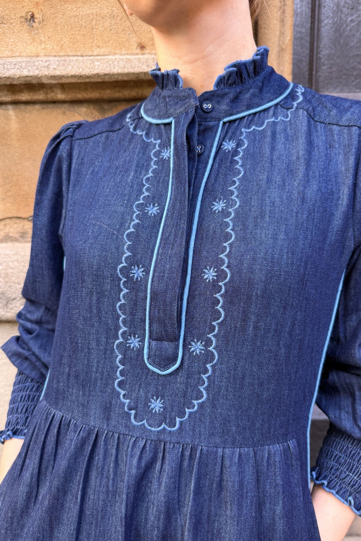 Deborah Dress - Embroidered Denim Blue