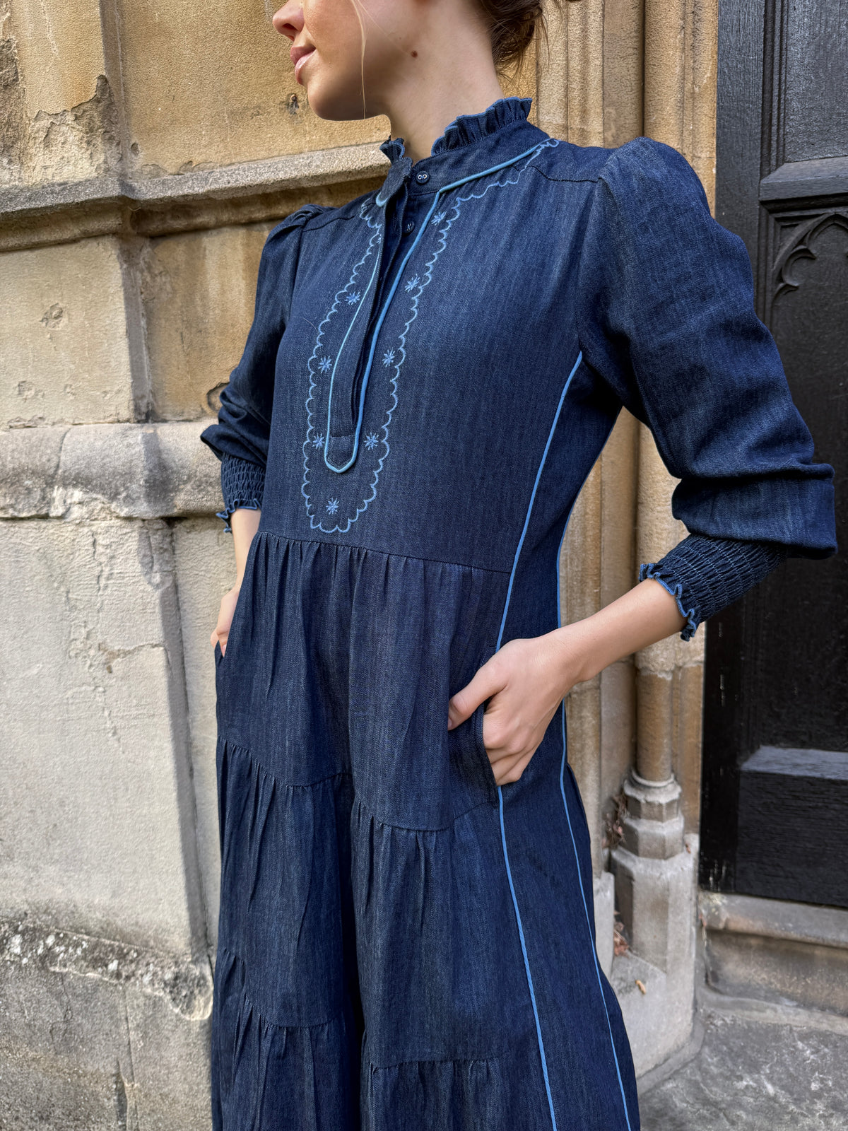 Deborah Dress - Embroidered Denim Blue